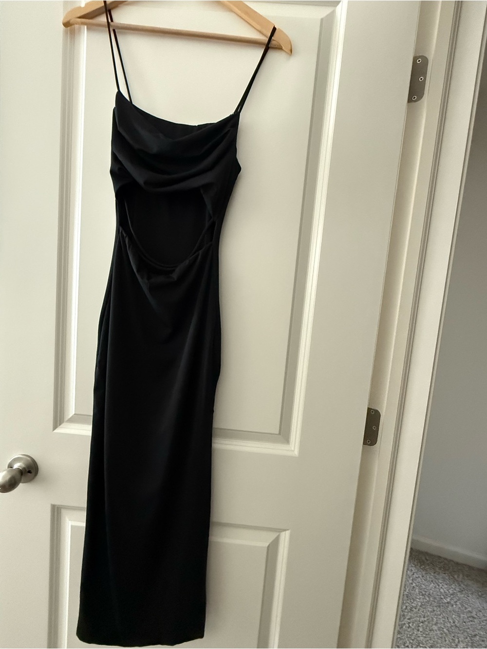 Women's Black Midi Slip Dress with Cutout Detail